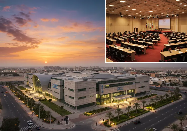 Aerial view of the Galveston Island Convention Center with a smaller inset image showing a fully equipped meeting room featuring seating, lighting, communication tools, and a projector setup.